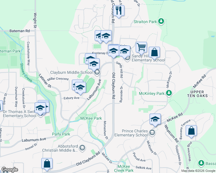 map of restaurants, bars, coffee shops, grocery stores, and more near 3706 Bulkley Street in Abbotsford