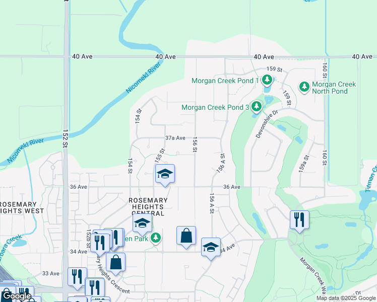 map of restaurants, bars, coffee shops, grocery stores, and more near 15585 37 Avenue in Surrey