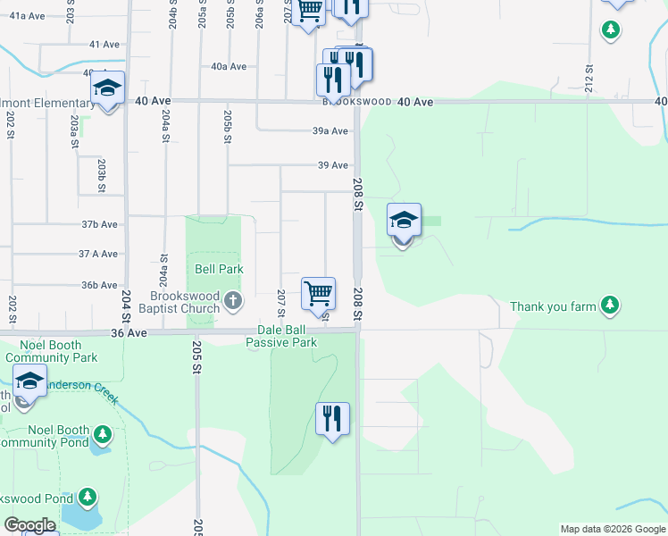 map of restaurants, bars, coffee shops, grocery stores, and more near 3706 207B Street in Langley City