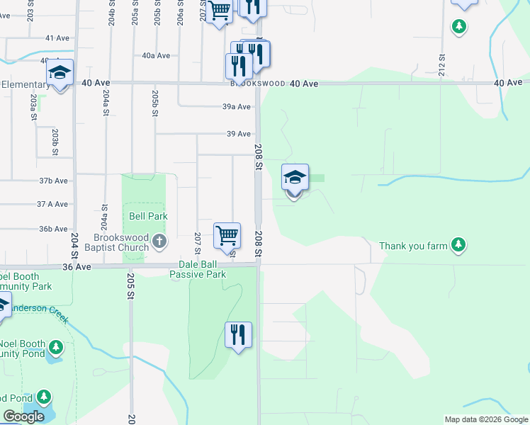map of restaurants, bars, coffee shops, grocery stores, and more near 3716 208 Street in Langley