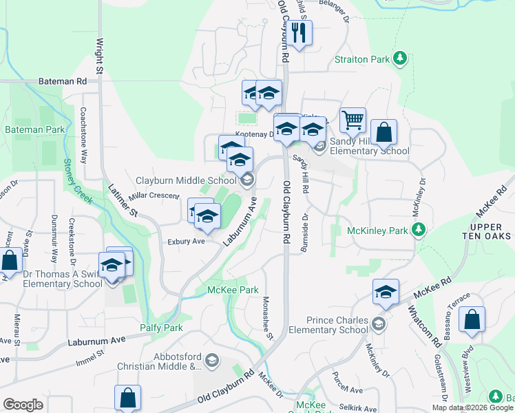 map of restaurants, bars, coffee shops, grocery stores, and more near 35114 Laburnum Avenue in Abbotsford