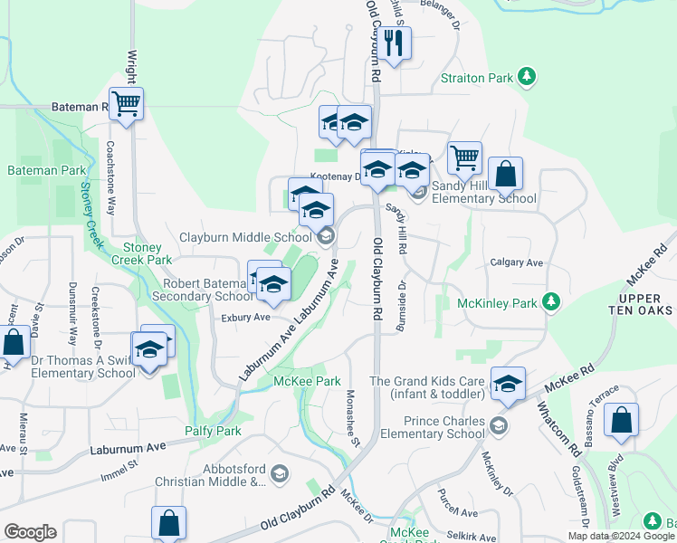 map of restaurants, bars, coffee shops, grocery stores, and more near 35114 Laburnum Avenue in Abbotsford