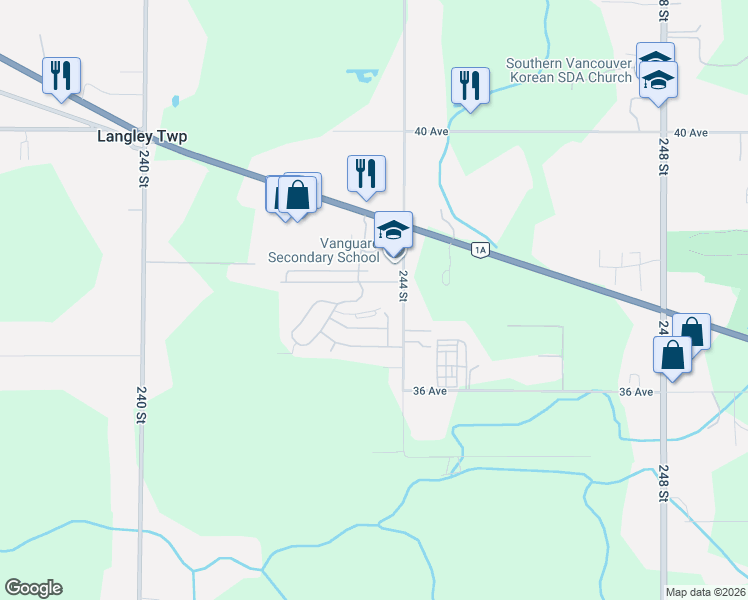 map of restaurants, bars, coffee shops, grocery stores, and more near Balsam Drive in Langley