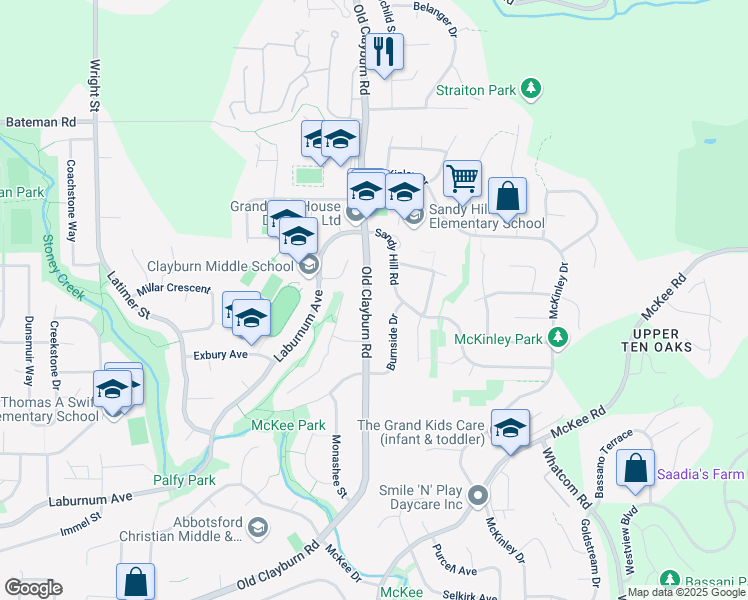 map of restaurants, bars, coffee shops, grocery stores, and more near 3732 Old Clayburn Road in Abbotsford