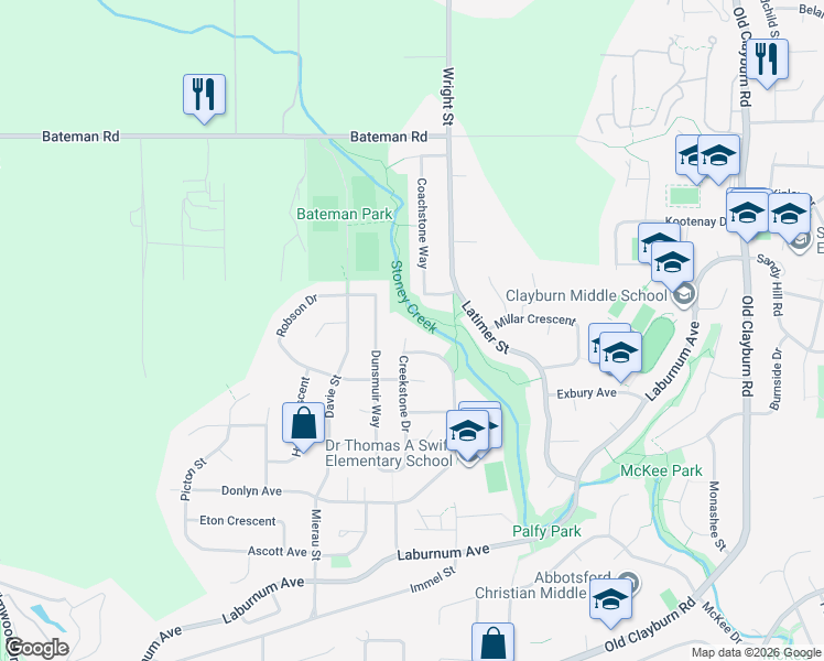 map of restaurants, bars, coffee shops, grocery stores, and more near 3720 Creekstone Place in Abbotsford