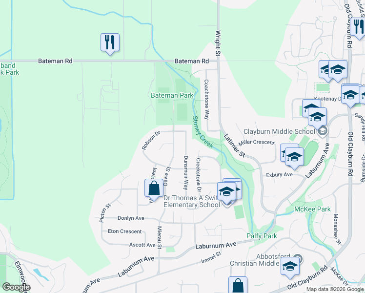 map of restaurants, bars, coffee shops, grocery stores, and more near 3733 Dunsmuir Way in Abbotsford