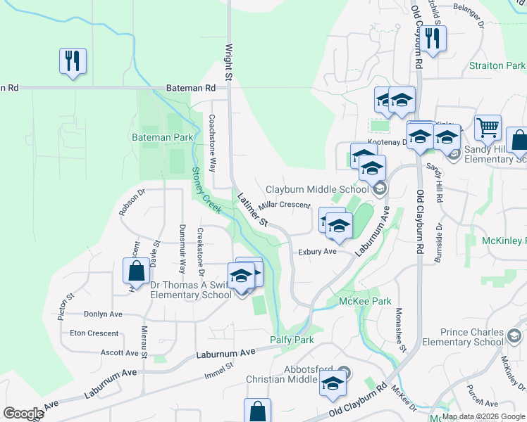 map of restaurants, bars, coffee shops, grocery stores, and more near 34868 Millar Crescent in Abbotsford