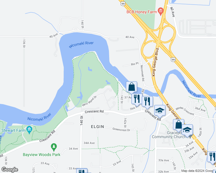 map of restaurants, bars, coffee shops, grocery stores, and more near 3673 Nico Wynd Drive in Surrey