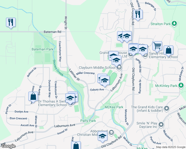 map of restaurants, bars, coffee shops, grocery stores, and more near 34946 Millar Crescent in Abbotsford