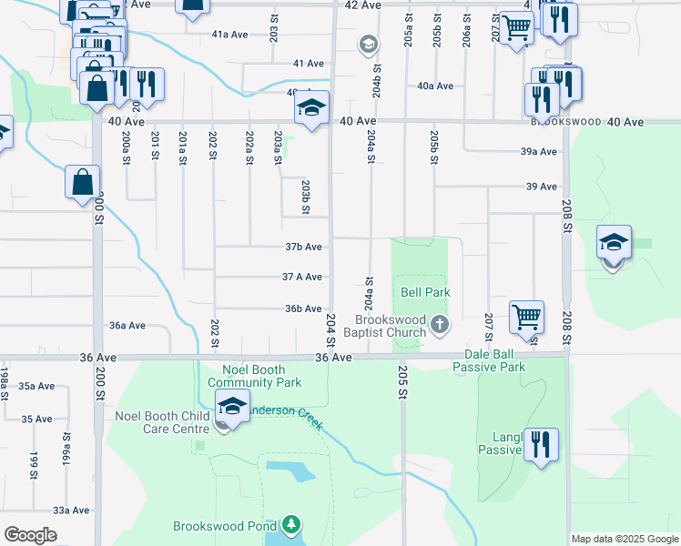 map of restaurants, bars, coffee shops, grocery stores, and more near 3742 204 Street in Langley