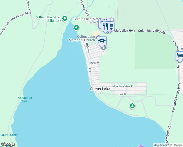 map of restaurants, bars, coffee shops, grocery stores, and more near 253 1 Avenue in Cultus Lake