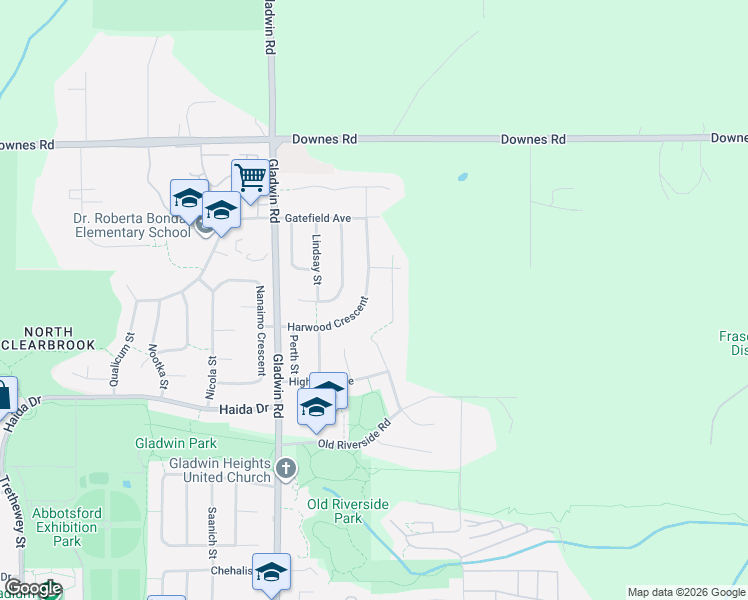map of restaurants, bars, coffee shops, grocery stores, and more near 3752 Harwood Crescent in Abbotsford