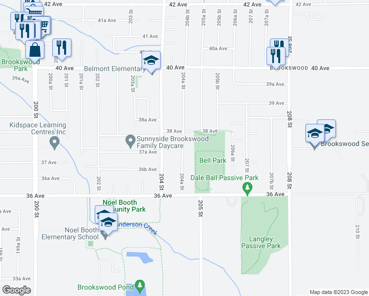 map of restaurants, bars, coffee shops, grocery stores, and more near 3742 204A Street in Langley