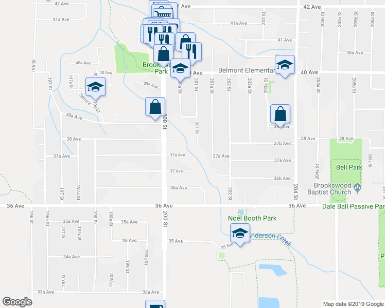 map of restaurants, bars, coffee shops, grocery stores, and more near 20065 37A Avenue in Langley