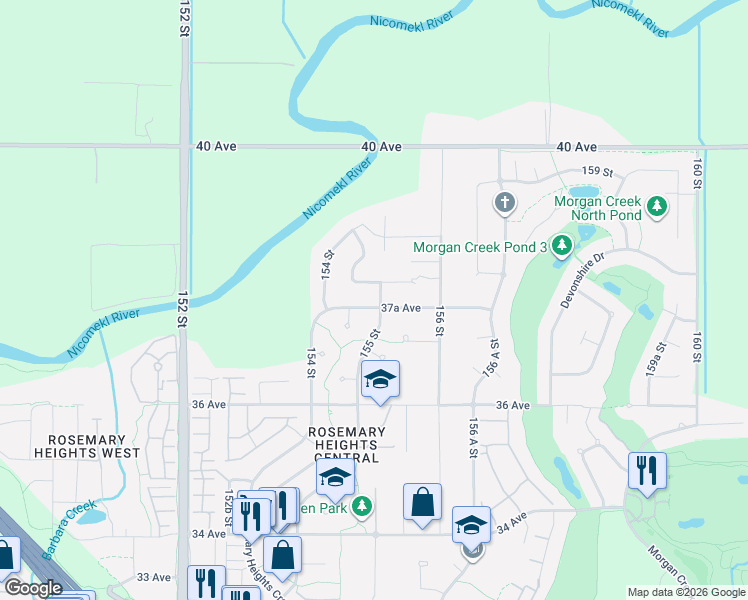 map of restaurants, bars, coffee shops, grocery stores, and more near 15497 37A Avenue in Surrey