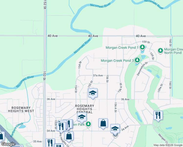 map of restaurants, bars, coffee shops, grocery stores, and more near 15497 37A Avenue in Surrey