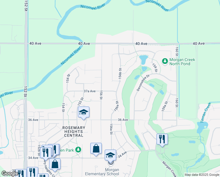 map of restaurants, bars, coffee shops, grocery stores, and more near 15639 37A Avenue in Surrey