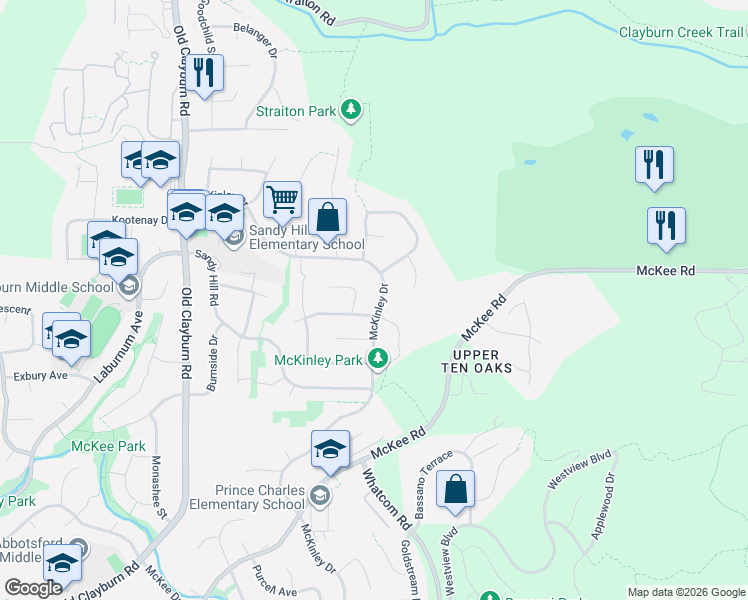 map of restaurants, bars, coffee shops, grocery stores, and more near 3763 McKinley Drive in Abbotsford