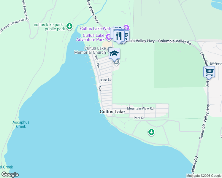 map of restaurants, bars, coffee shops, grocery stores, and more near 389 Alder Street in Cultus Lake