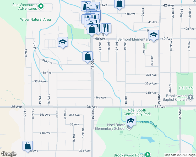map of restaurants, bars, coffee shops, grocery stores, and more near 20037 37A Avenue in Langley