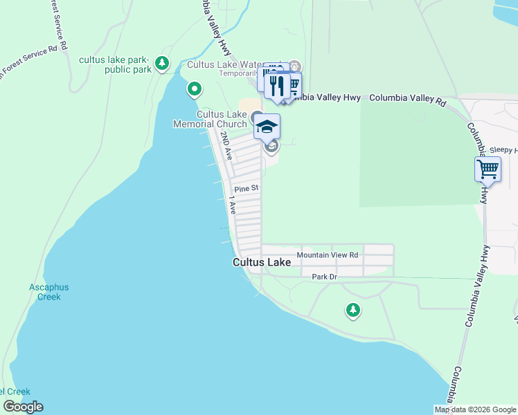 map of restaurants, bars, coffee shops, grocery stores, and more near 389 Alder Street in Cultus Lake