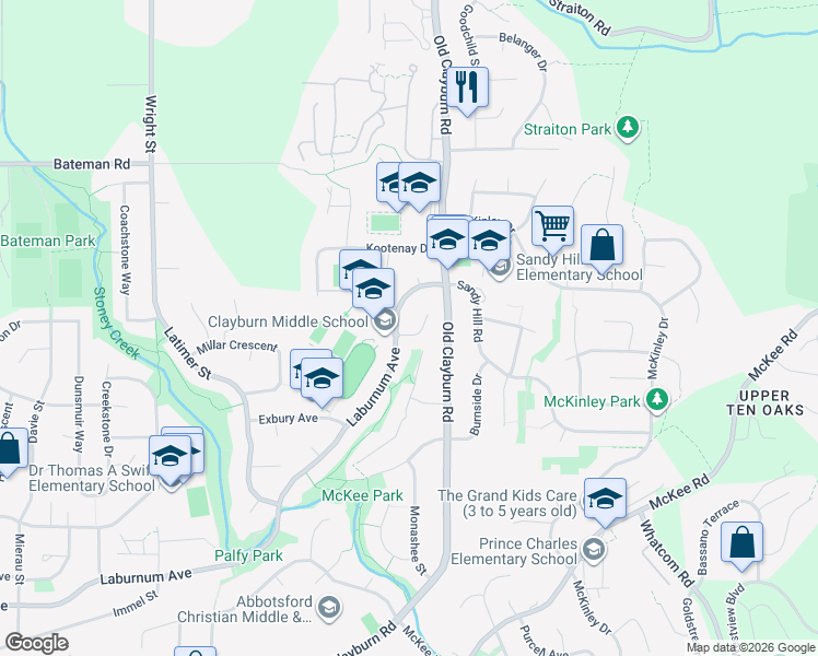 map of restaurants, bars, coffee shops, grocery stores, and more near 3751 Sheridan Place in Abbotsford