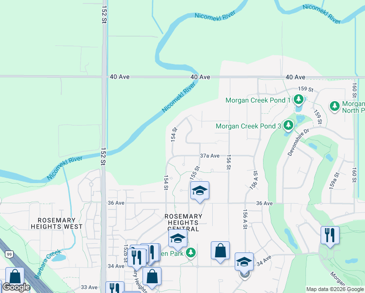 map of restaurants, bars, coffee shops, grocery stores, and more near 15450 37B Avenue in Surrey