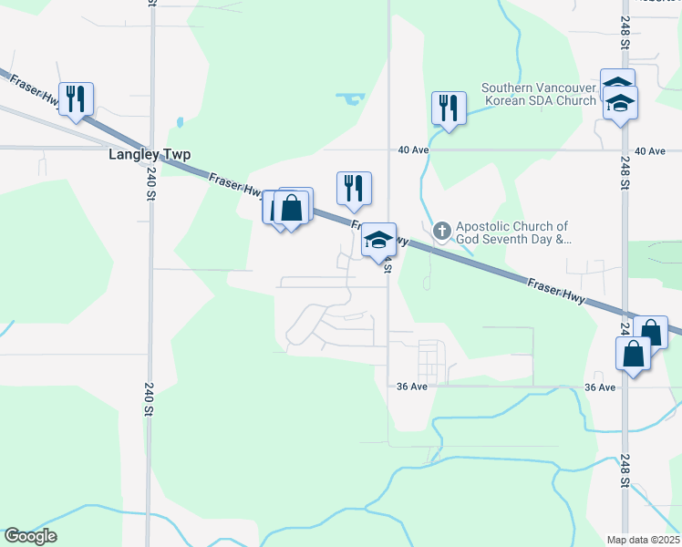 map of restaurants, bars, coffee shops, grocery stores, and more near in Langley Township