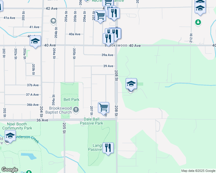 map of restaurants, bars, coffee shops, grocery stores, and more near 3788 207B Street in Langley