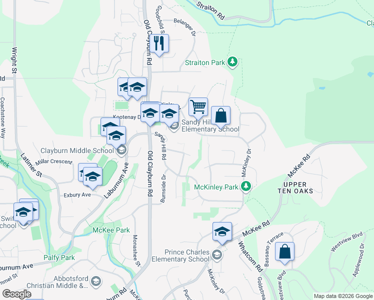 map of restaurants, bars, coffee shops, grocery stores, and more near 35327 Sandy Hill Crescent in Abbotsford
