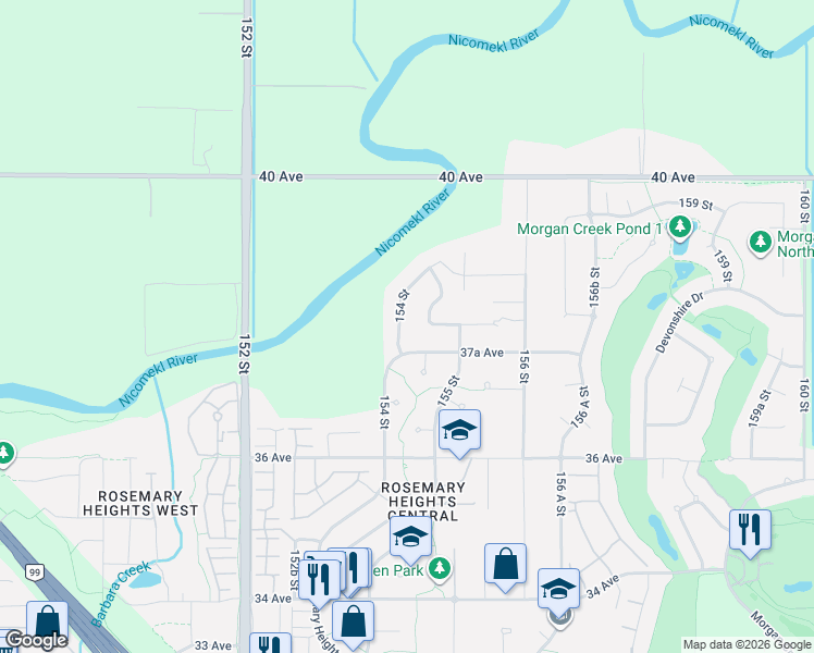 map of restaurants, bars, coffee shops, grocery stores, and more near 3782 154 Street in Surrey