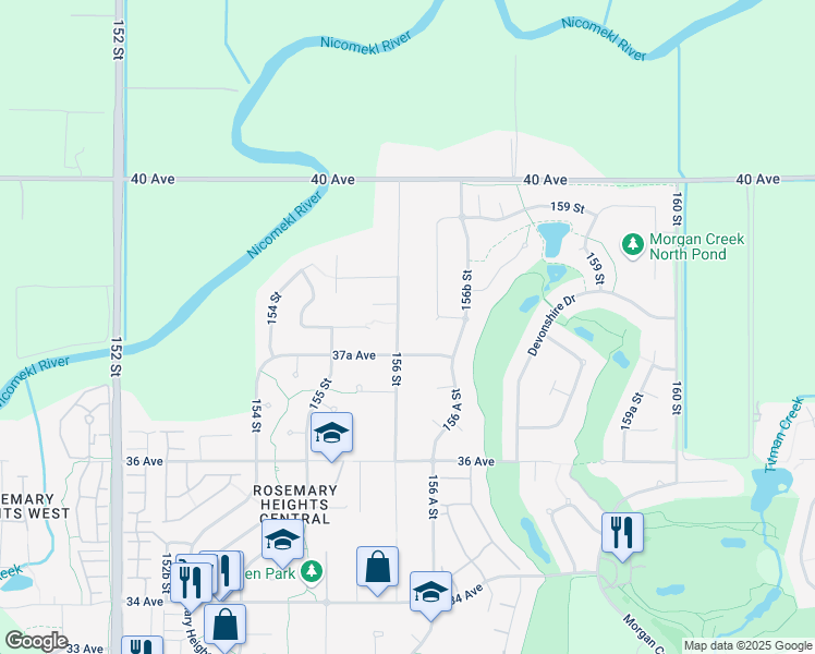 map of restaurants, bars, coffee shops, grocery stores, and more near 3788 156 Street in Surrey