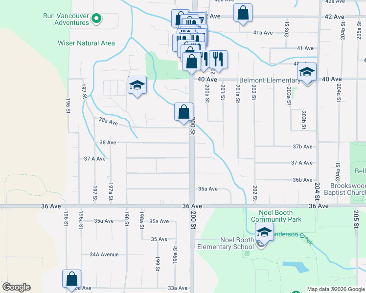 map of restaurants, bars, coffee shops, grocery stores, and more near 19974 38 Avenue in Langley