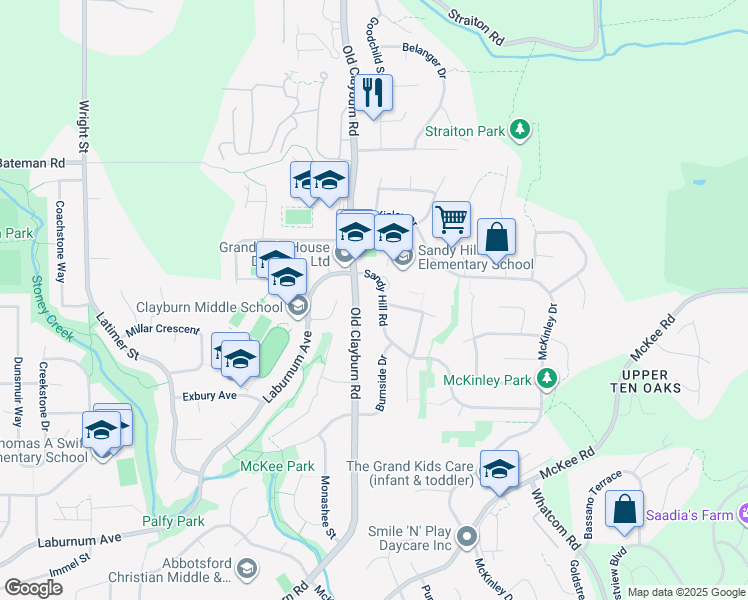 map of restaurants, bars, coffee shops, grocery stores, and more near 3793 Sandy Hill Road in Abbotsford