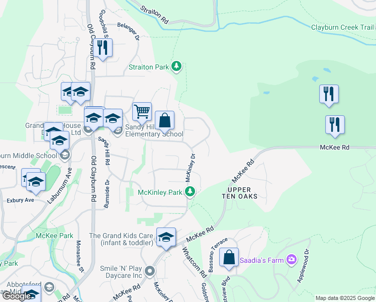 map of restaurants, bars, coffee shops, grocery stores, and more near 3795 McKinley Drive in Abbotsford