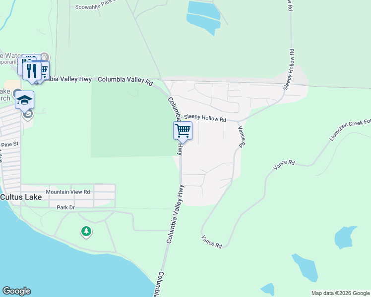 map of restaurants, bars, coffee shops, grocery stores, and more near 3776 Columbia Valley Road in Cultus Lake