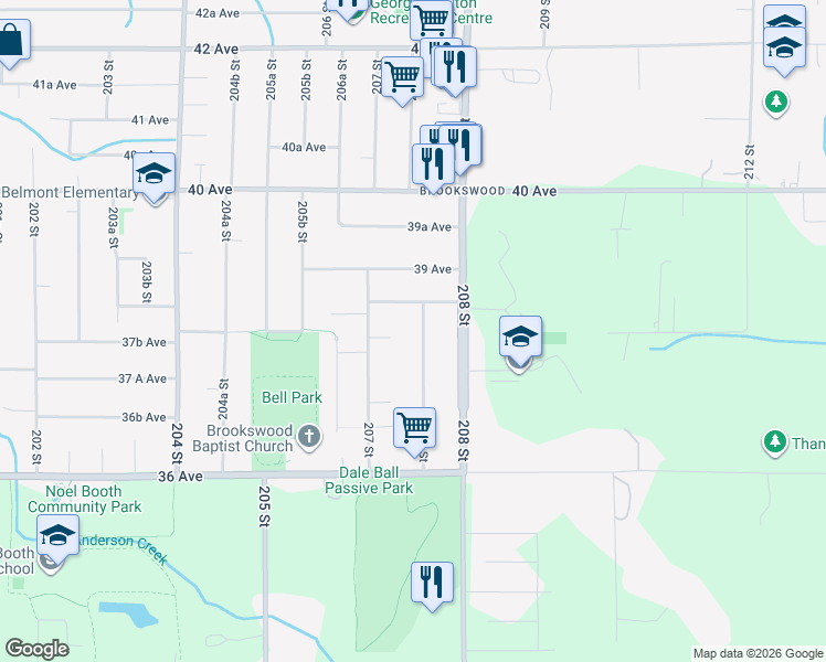 map of restaurants, bars, coffee shops, grocery stores, and more near 3811 207B Street in Langley
