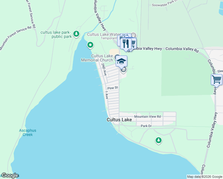 map of restaurants, bars, coffee shops, grocery stores, and more near 363 Pine Street in Cultus Lake