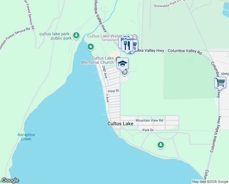 map of restaurants, bars, coffee shops, grocery stores, and more near 361 Pine Street in Cultus Lake