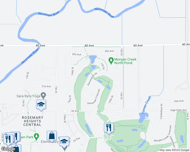 map of restaurants, bars, coffee shops, grocery stores, and more near 3826 Devonshire Drive in Surrey
