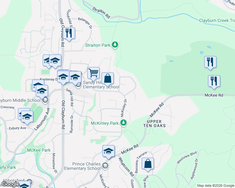 map of restaurants, bars, coffee shops, grocery stores, and more near 35480 McKinley Drive in Abbotsford