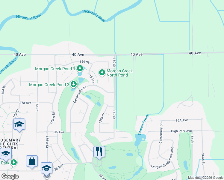map of restaurants, bars, coffee shops, grocery stores, and more near 15999 Devonshire Drive in Surrey