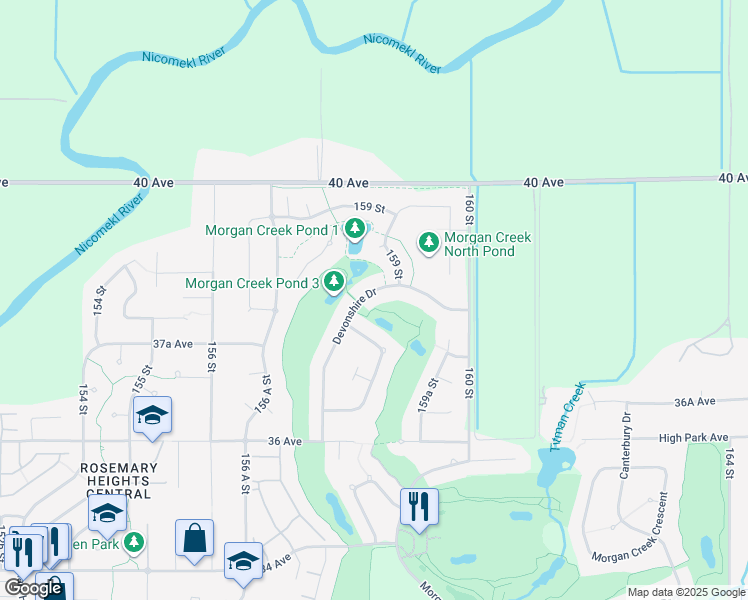map of restaurants, bars, coffee shops, grocery stores, and more near 3842 Devonshire Drive in Surrey