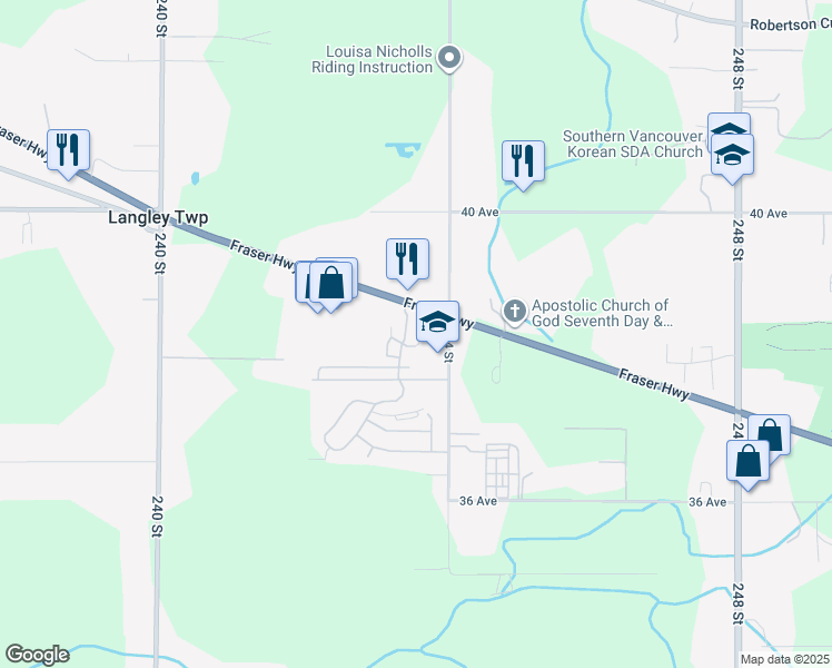 map of restaurants, bars, coffee shops, grocery stores, and more near 24330 Fraser Highway in Langley Township