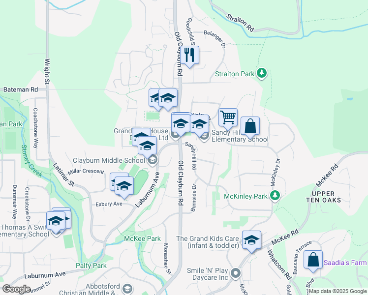 map of restaurants, bars, coffee shops, grocery stores, and more near 3826 Old Clayburn Road in Abbotsford