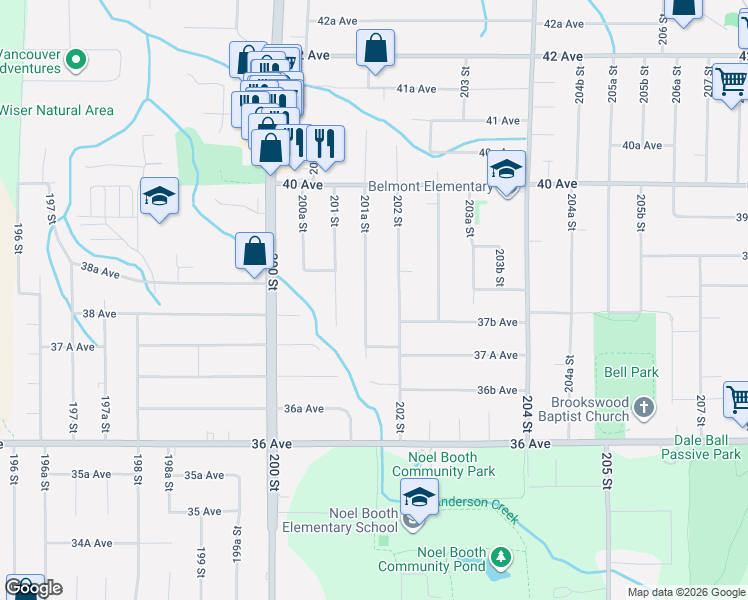 map of restaurants, bars, coffee shops, grocery stores, and more near 3822 201A Street in Langley
