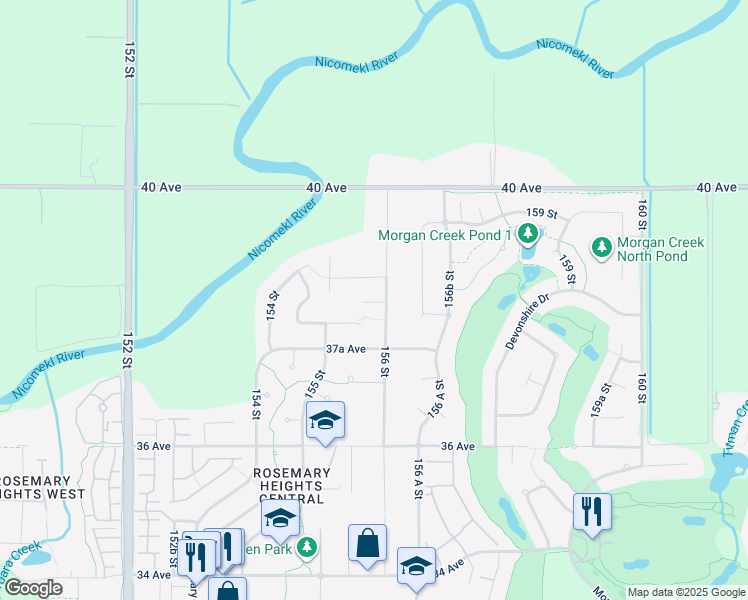 map of restaurants, bars, coffee shops, grocery stores, and more near 15575 38 Avenue in Surrey