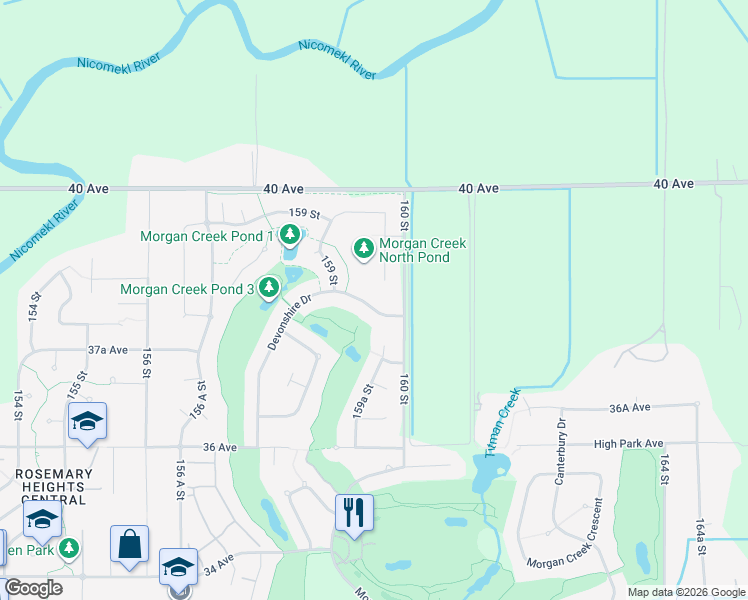 map of restaurants, bars, coffee shops, grocery stores, and more near 15963 Devonshire Drive in Surrey