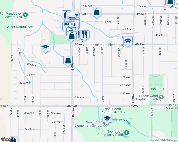 map of restaurants, bars, coffee shops, grocery stores, and more near 3828 201 Street in Langley