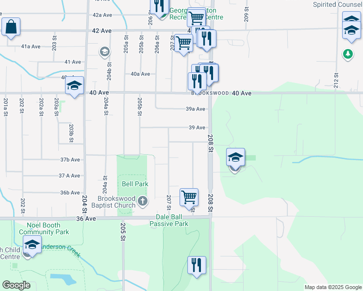 map of restaurants, bars, coffee shops, grocery stores, and more near 20738 38A Avenue in Langley
